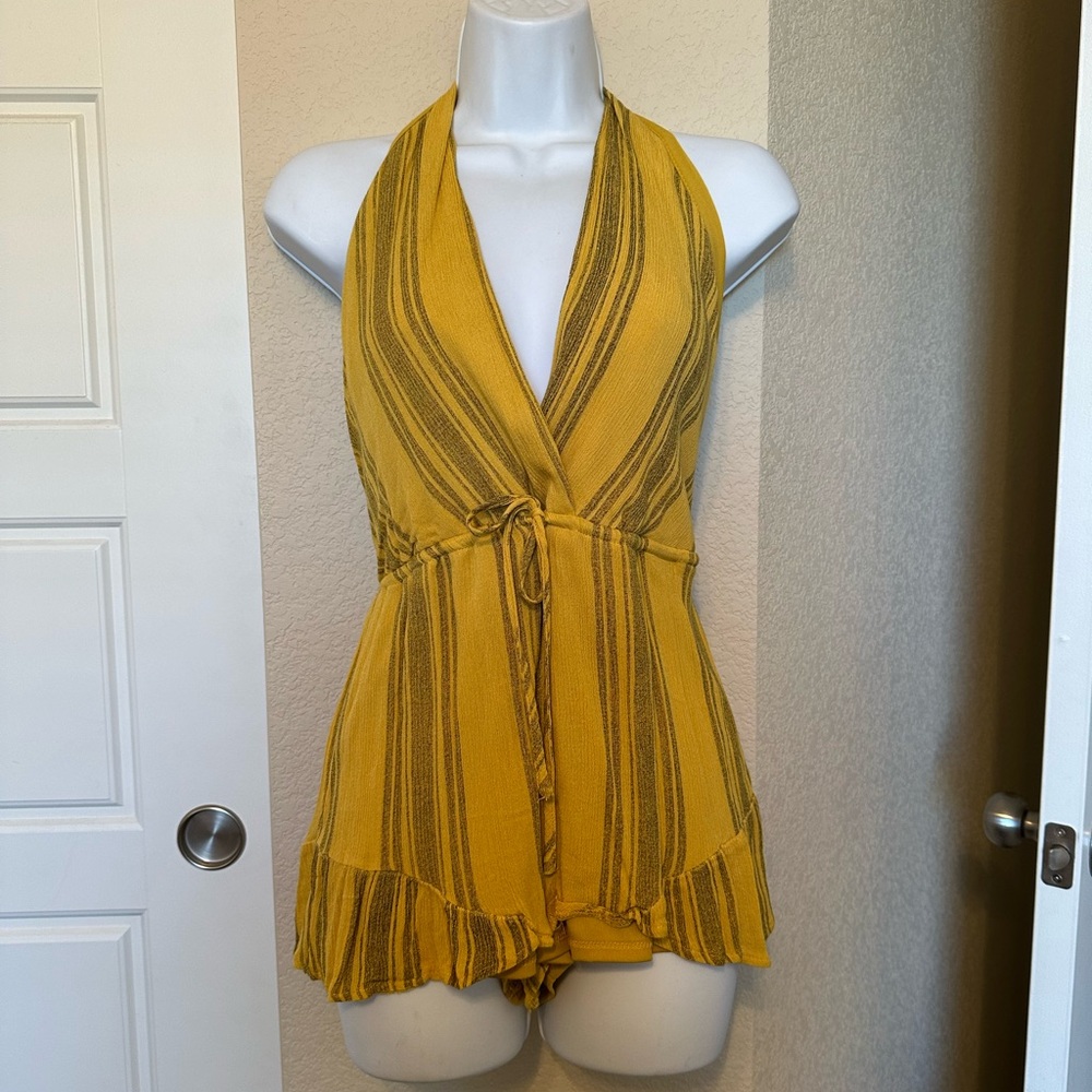 FAVLUX Mustard and Black Striped Halter Romper